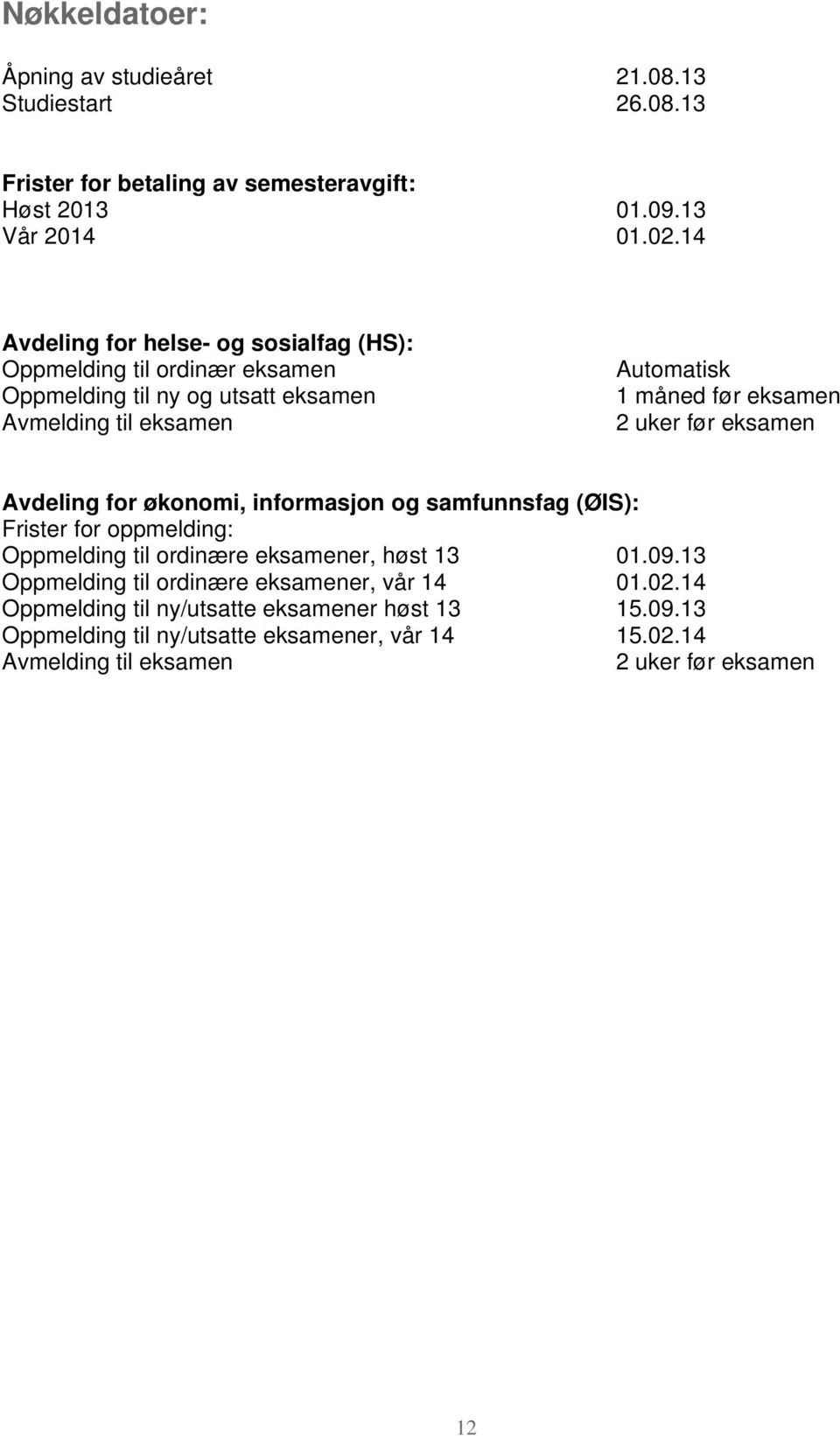 2 uker før eksamen Avdeling for økonomi, informasjon og samfunnsfag (ØIS): Frister for oppmelding: Oppmelding til ordinære eksamener, høst 13 01.09.