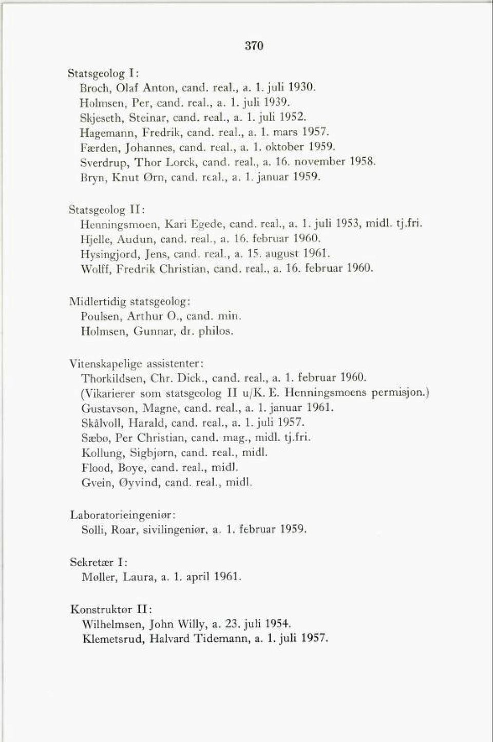 Statsgeolog II: Henningsmoen, Kari Egede, cand. real., a. 1. juli 1953, midl. tj.fri. Hjelle, Audun, cand. real., a. 16. februar 1960. Hysingjord, Jens, cand. real., a. 15. august 1961.