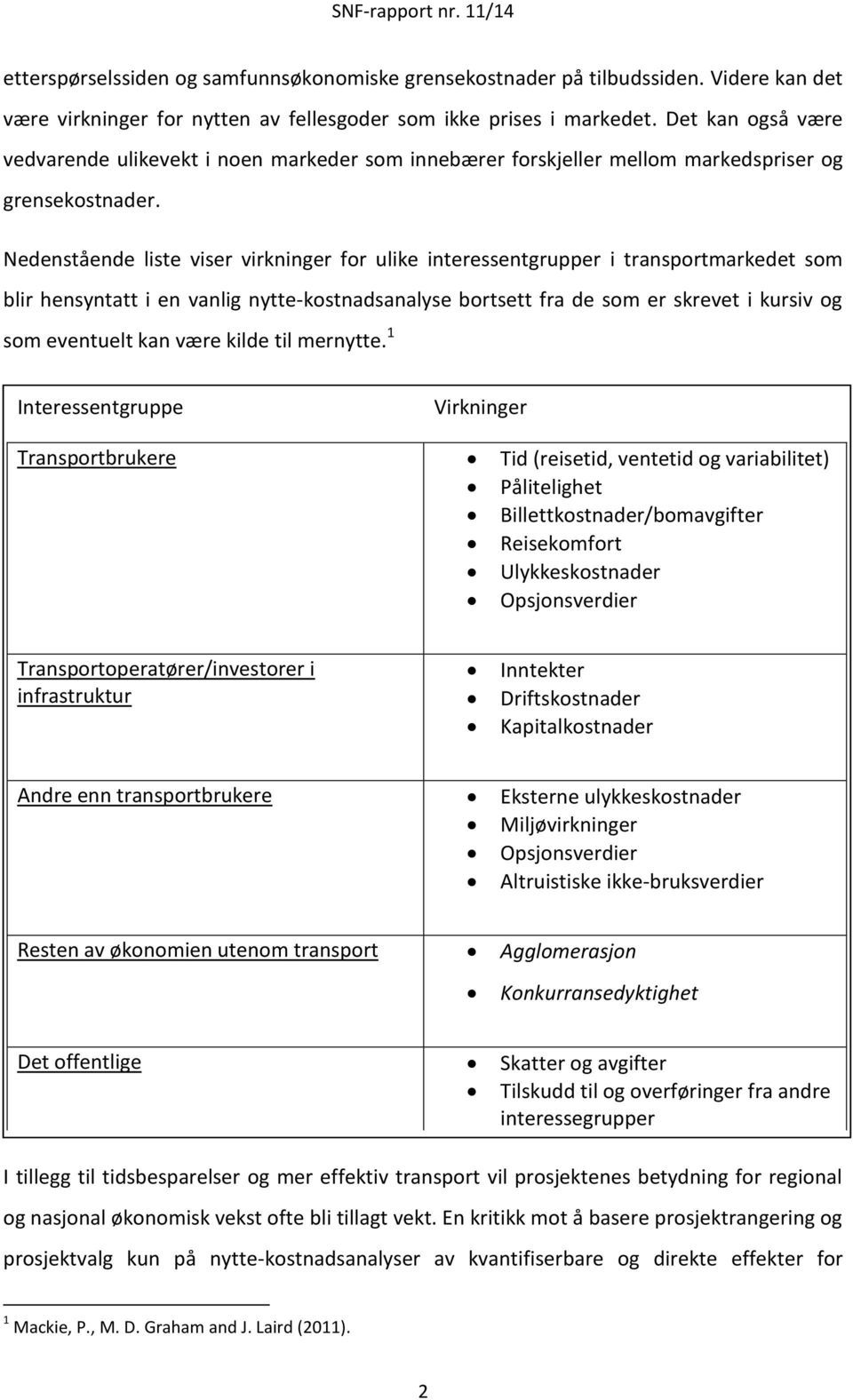 Nedenstående liste viser virkninger for ulike interessentgrupper i transportmarkedet som blir hensyntatt i en vanlig nytte-kostnadsanalyse bortsett fra de som er skrevet i kursiv og som eventuelt kan