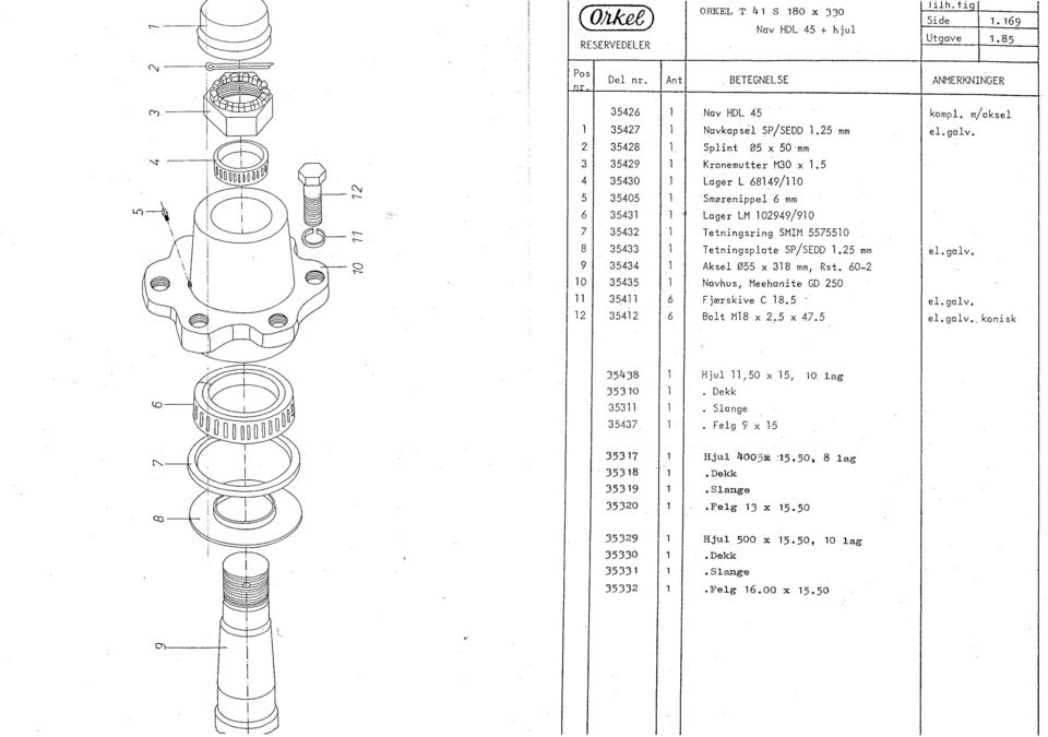 5 4 35430 Lager L 68149/110 5 35405 Smørenippe 6 mm 6 35431 ' Lager LM 102949/910 7 35432 Tetningsring SMM 5575510 8 35433 Tetningspate SP/SEDD 1.25 mm e. gov. '"""" 9 35434 Akse Ø55 x 318 mm, Rst.