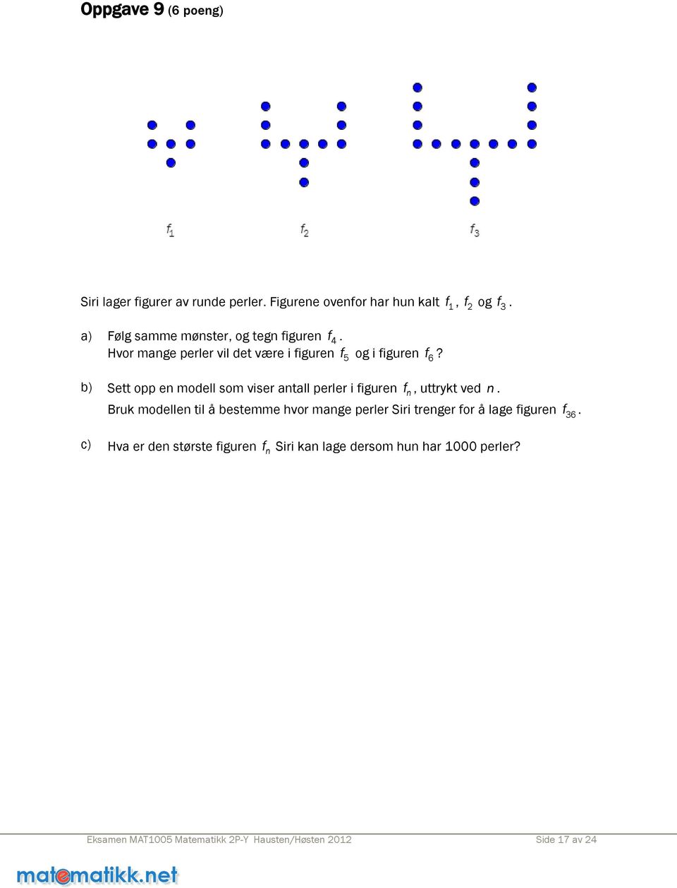 b) Sett opp en modell som viser antall perler i figuren f n, uttrykt ved n.