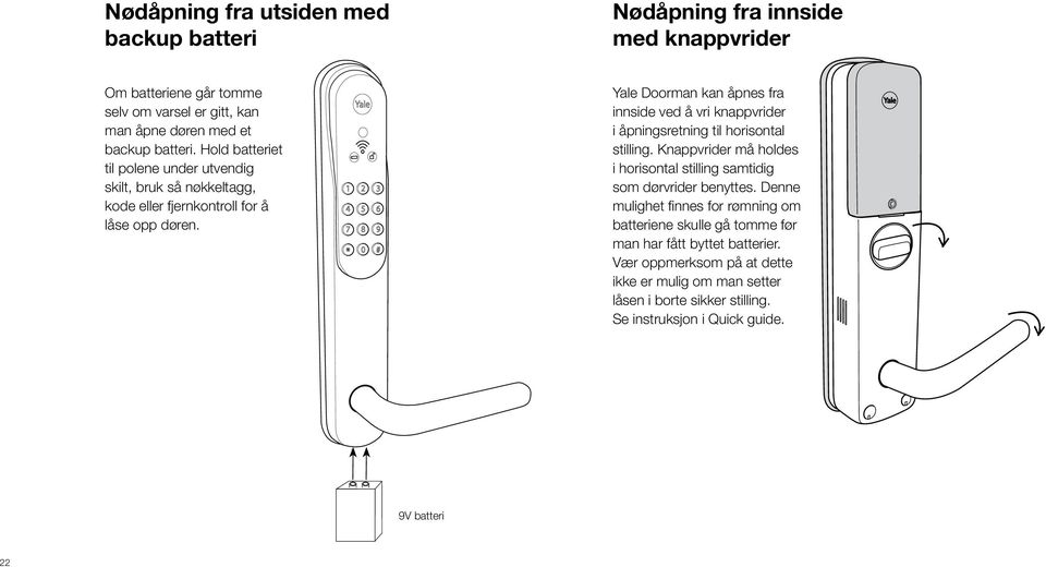 Yale Doorman kan åpnes fra innside ved å vri knappvrider i åpningsretning til horisontal stilling.