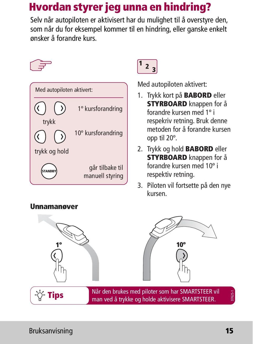 Trykk kort på BABORD eller STYRBOARD knappen for å forandre kursen med 1º i respekriv retning. Bruk denne metoden for å forandre kursen opp til 20