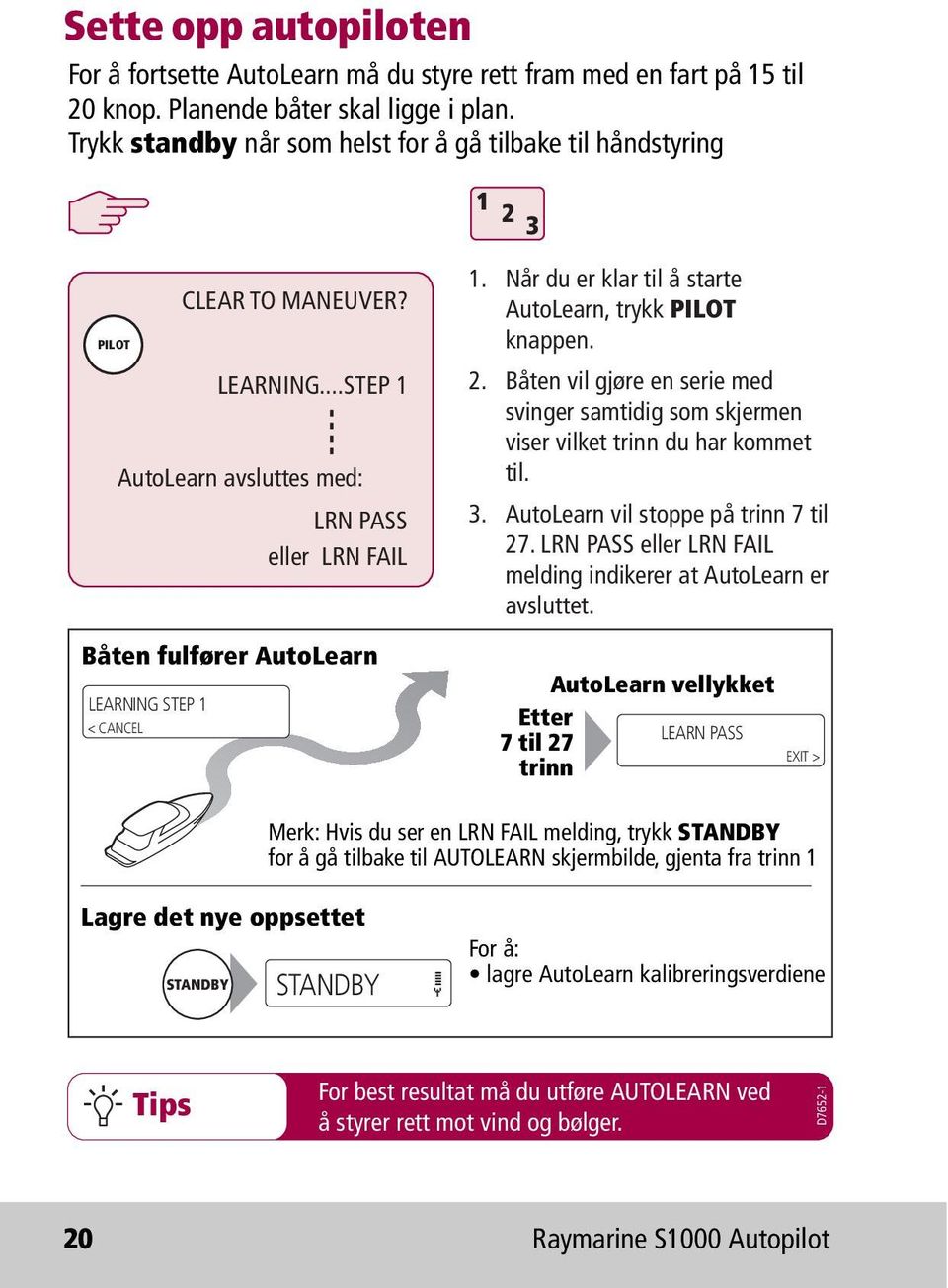 Når du er klar til å starte AutoLearn, trykk PILOT knappen. 2. Båten vil gjøre en serie med svinger samtidig som skjermen viser vilket trinn du har kommet til. 3.