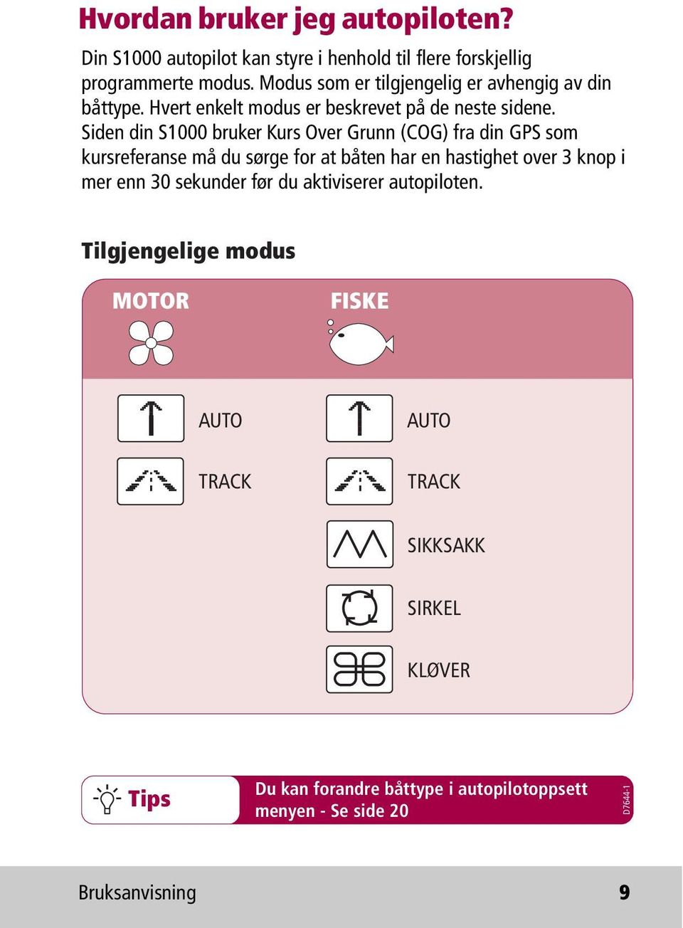 Siden din S1000 bruker Kurs Over Grunn (COG) fra din GPS som kursreferanse må du sørge for at båten har en hastighet over 3 knop i mer enn 30