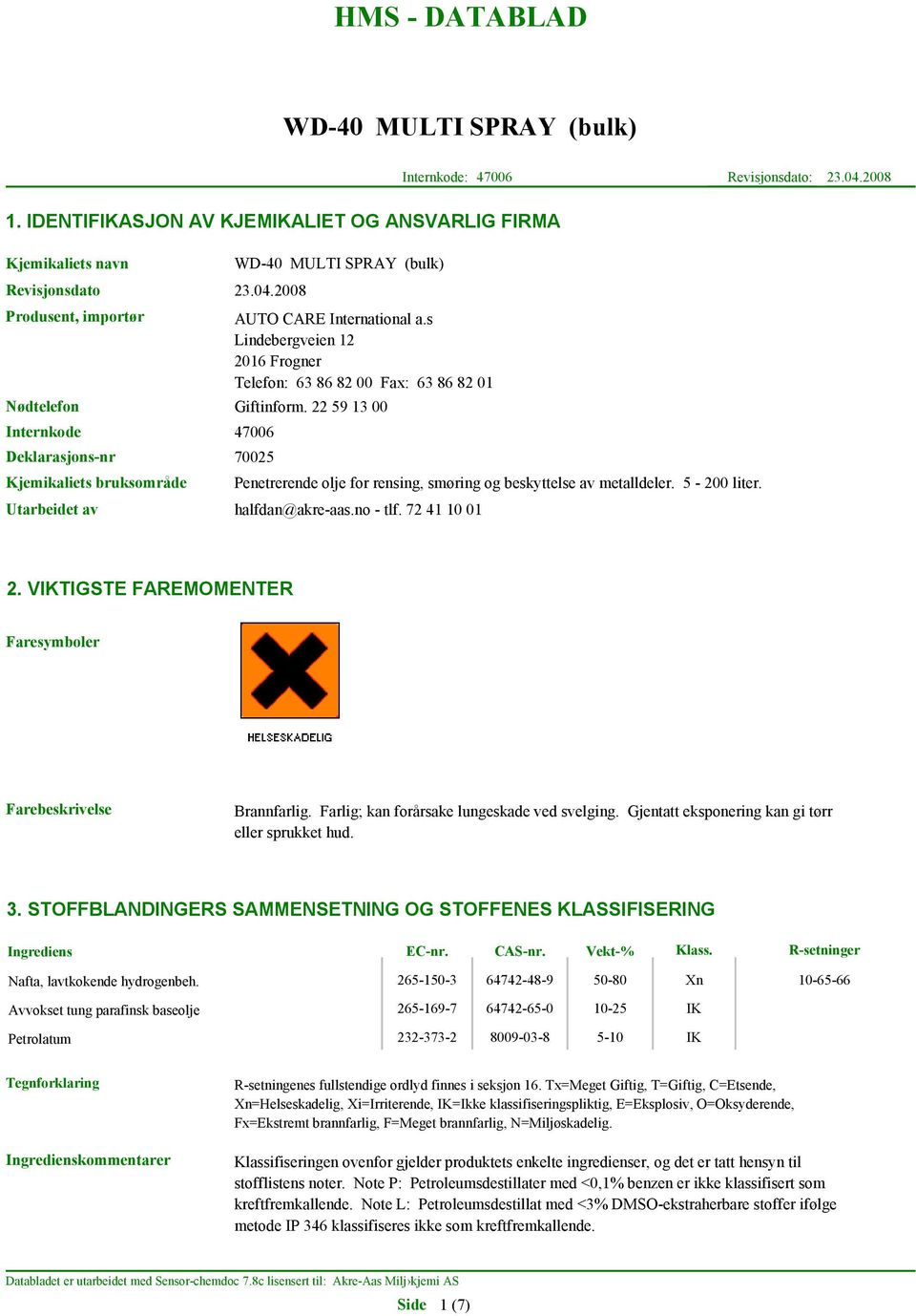 Utarbeidet av halfdan@akre-aas.no - tlf. 72 41 10 01 2. VIKTIGSTE FAREMOMENTER Faresymboler Farebeskrivelse Brannfarlig. Farlig; kan forårsake lungeskade ved svelging.