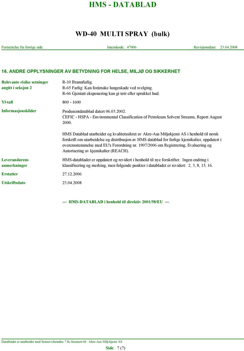 CEFIC - HSPA - Environmental Classification of Petroleum Solvent Streams, Report August 2000.