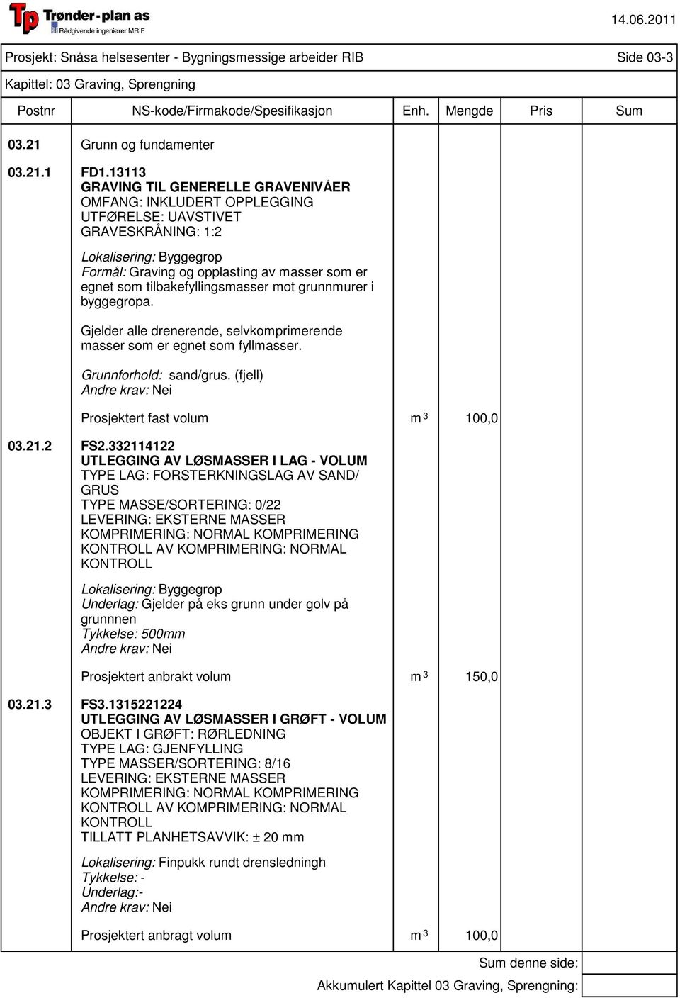 mot grunnmurer i byggegropa. Gjelder alle drenerende, selvkomprimerende masser som er egnet som fyllmasser. Grunnforhold: sand/grus. (fjell) Prosjektert fast volum m 3 100,0 03.21.2 FS2.