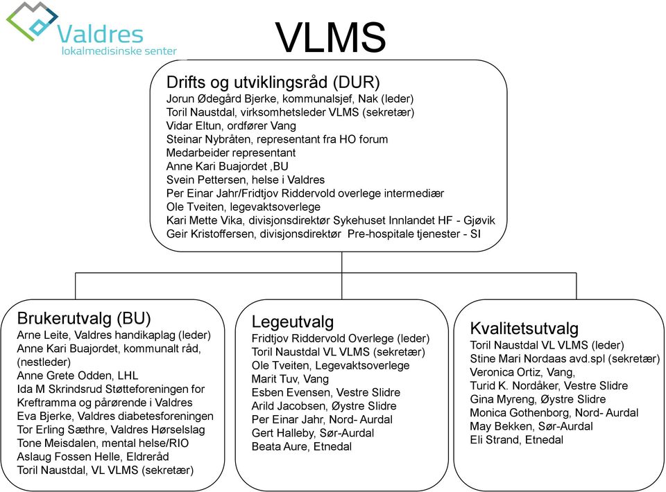 divisjonsdirektør Sykehuset Innlandet HF - Gjøvik Geir Kristoffersen, divisjonsdirektør Pre-hospitale tjenester - SI Brukerutvalg (BU) Arne Leite, Valdres handikaplag (leder) Anne Kari Buajordet,