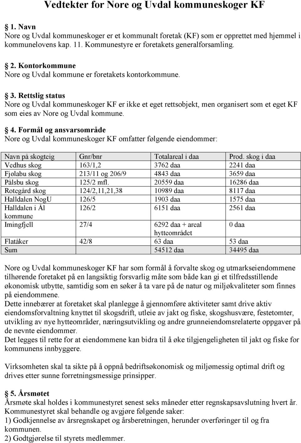 Rettslig status Nore og Uvdal kommuneskoger KF er ikke et eget rettsobjekt, men organisert som et eget KF som eies av Nore og Uvdal kommune. 4.