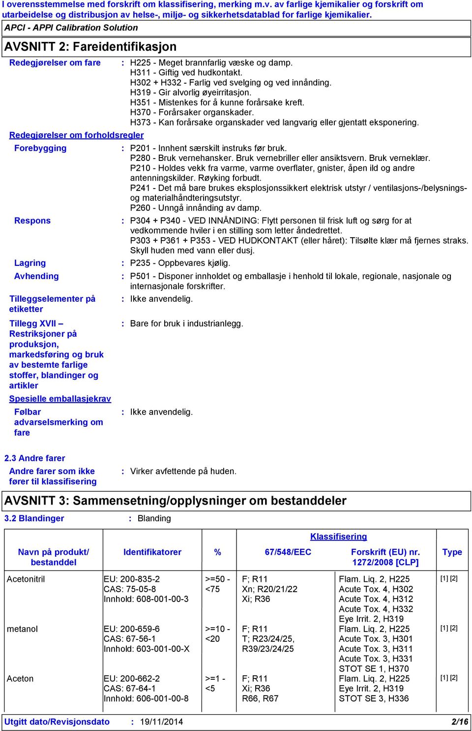 H302 + H332 - Farlig ved svelging og ved innånding. H319 - Gir alvorlig øyeirritasjon. H351 - Mistenkes for å kunne forårsake kreft. H370 - Forårsaker organskader.