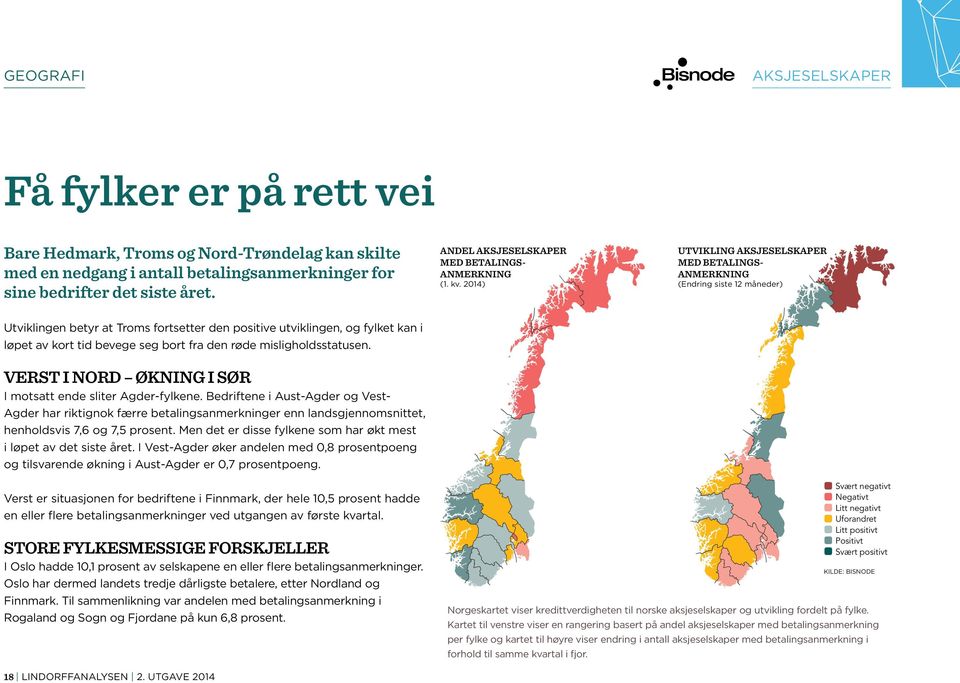 2014) UTVIKLING AKSJESELSKAPER MED BETALINGS- ANMERKNING (Endring siste 12 måneder) Utviklingen betyr at Troms fortsetter den positive utviklingen, og fylket kan i løpet av kort tid bevege seg bort