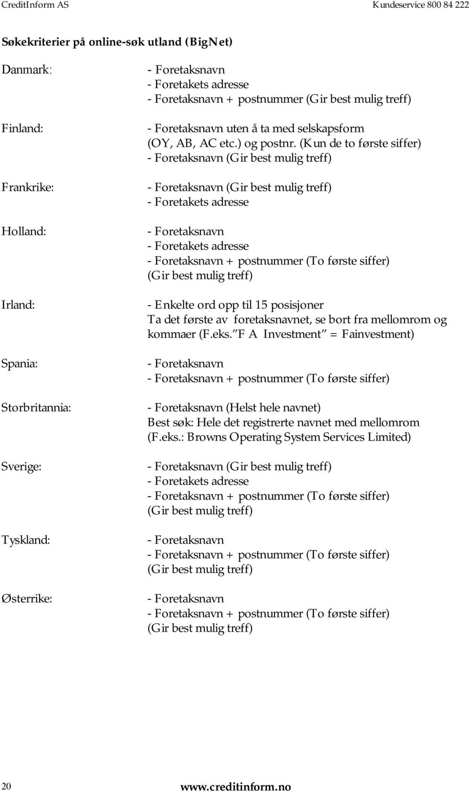 (Kun de to første siffer) - Foretaksnavn (Gir best mulig treff) - Foretaksnavn (Gir best mulig treff) - Foretakets adresse - Foretaksnavn - Foretakets adresse - Foretaksnavn + postnummer (To første