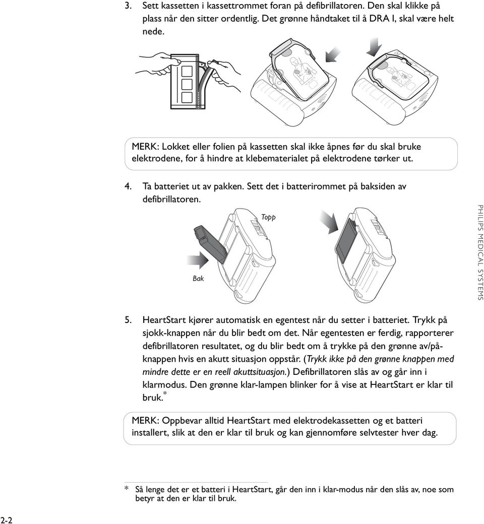 Ta batteriet ut av pakken. Sett det i batterirommet på baksiden av defibrillatoren. Bak Topp 5. HeartStart kjører automatisk en egentest når du setter i batteriet.