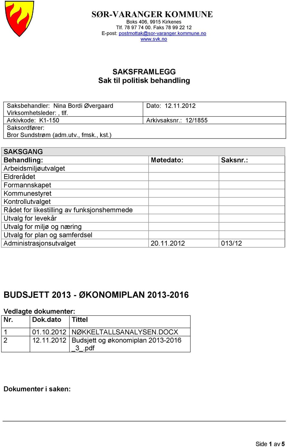 ) SAKSGANG Behandling: Arbeidsmiljøutvalget Eldrerådet Formannskapet Kommunestyret Kontrollutvalget Rådet for likestilling av funksjonshemmede Utvalg for levekår Utvalg for miljø og næring Utvalg for