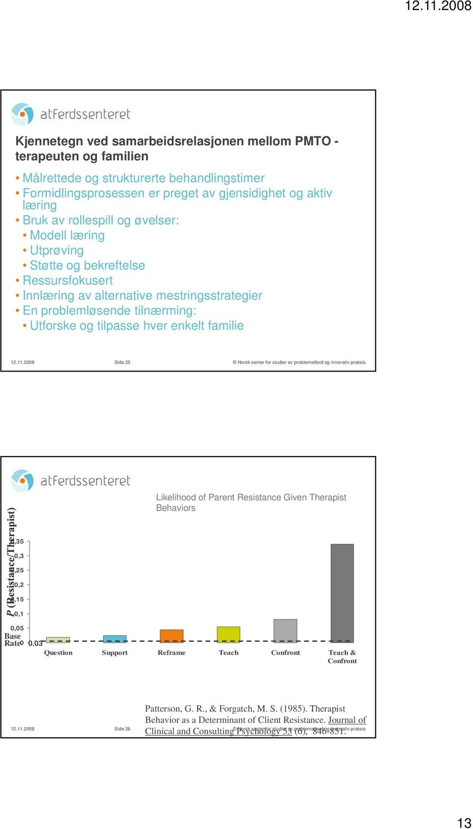 enkelt familie 12.11.2008 Side 25 Likelihood of Parent Resistance Given Therapist Behaviors 0,35 0,3 0,25 0,2 0,15 0,1 0,05 Base Rate 0 003 0.