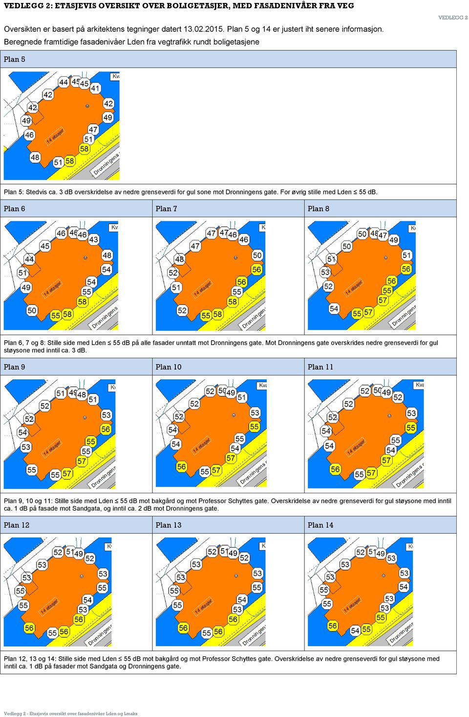 For øvrig stille med Lden 55 db. Plan 6 Plan 7 Plan 8 Plan 6, 7 og 8: Stille side med Lden 55 db på alle fasader unntatt mot Dronningens gate.