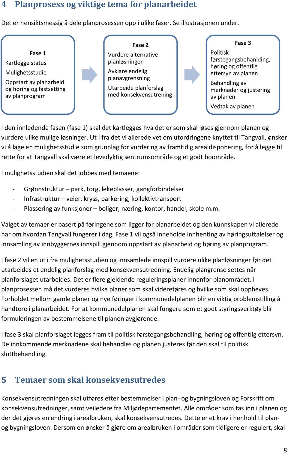 med konsekvensutrening Fase 3 Politisk førstegangsbehanlding, høring og offentlig ettersyn av planen Behandling av merknader og justering av planen Vedtak av planen I den innledende fasen (fase 1)