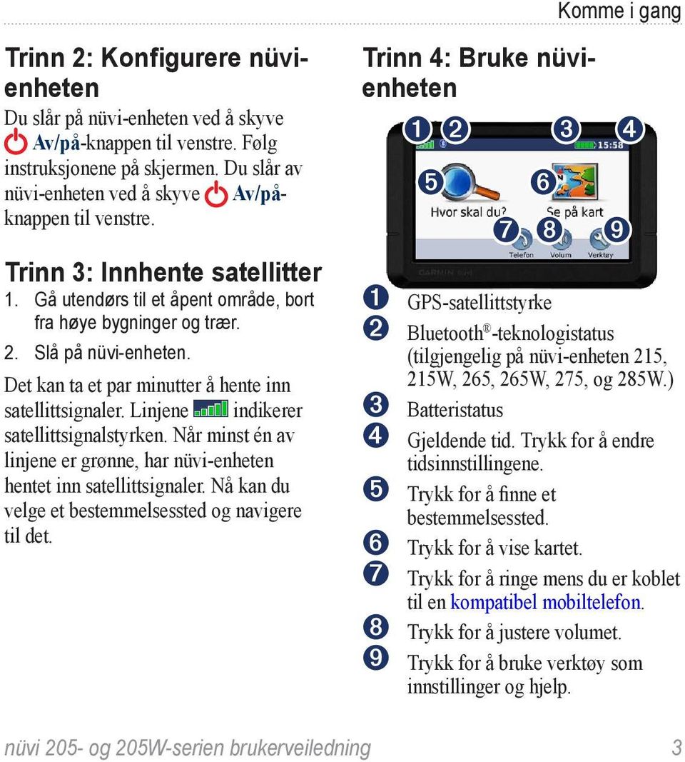 Linjene indikerer satellittsignalstyrken. Når minst én av linjene er grønne, har nüvi-enheten hentet inn satellittsignaler. Nå kan du velge et bestemmelsessted og navigere til det.