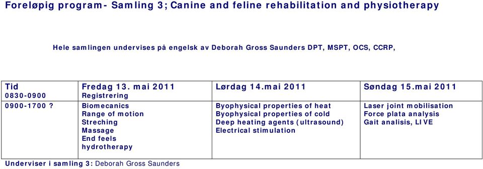 Biomecanics Range of motion Streching Massage End feels hydrotherapy Lørdag 14.mai 2011 Søndag 15.