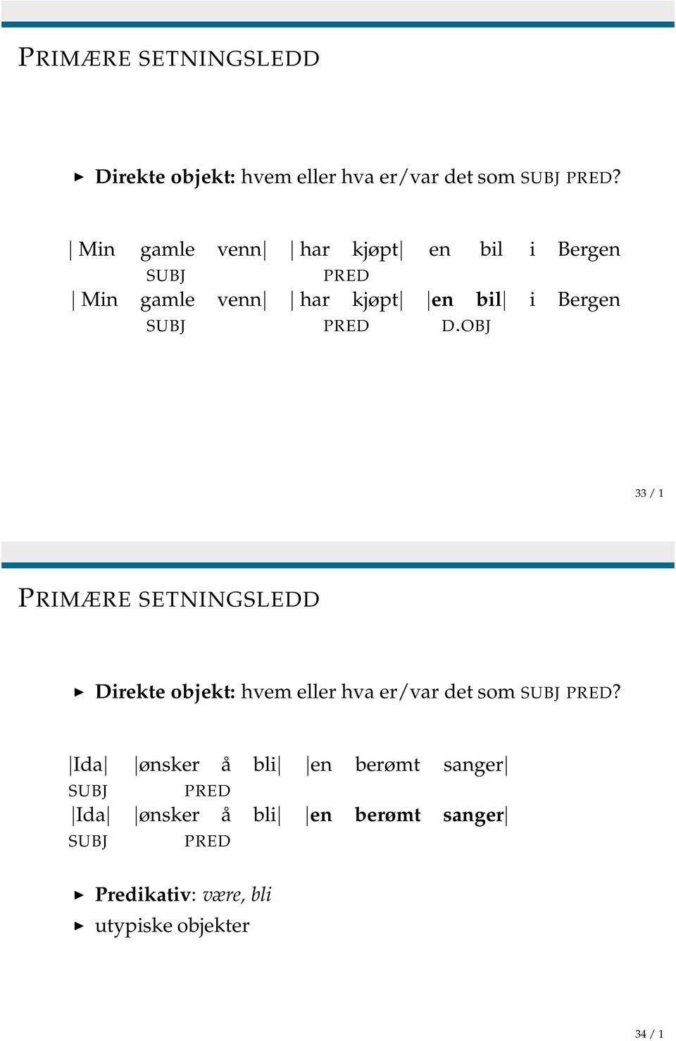 D.OBJ 33 / 1  Ida ønsker å bli en berømt sanger SUBJ PRED Ida ønsker å bli en berømt sanger SUBJ PRED