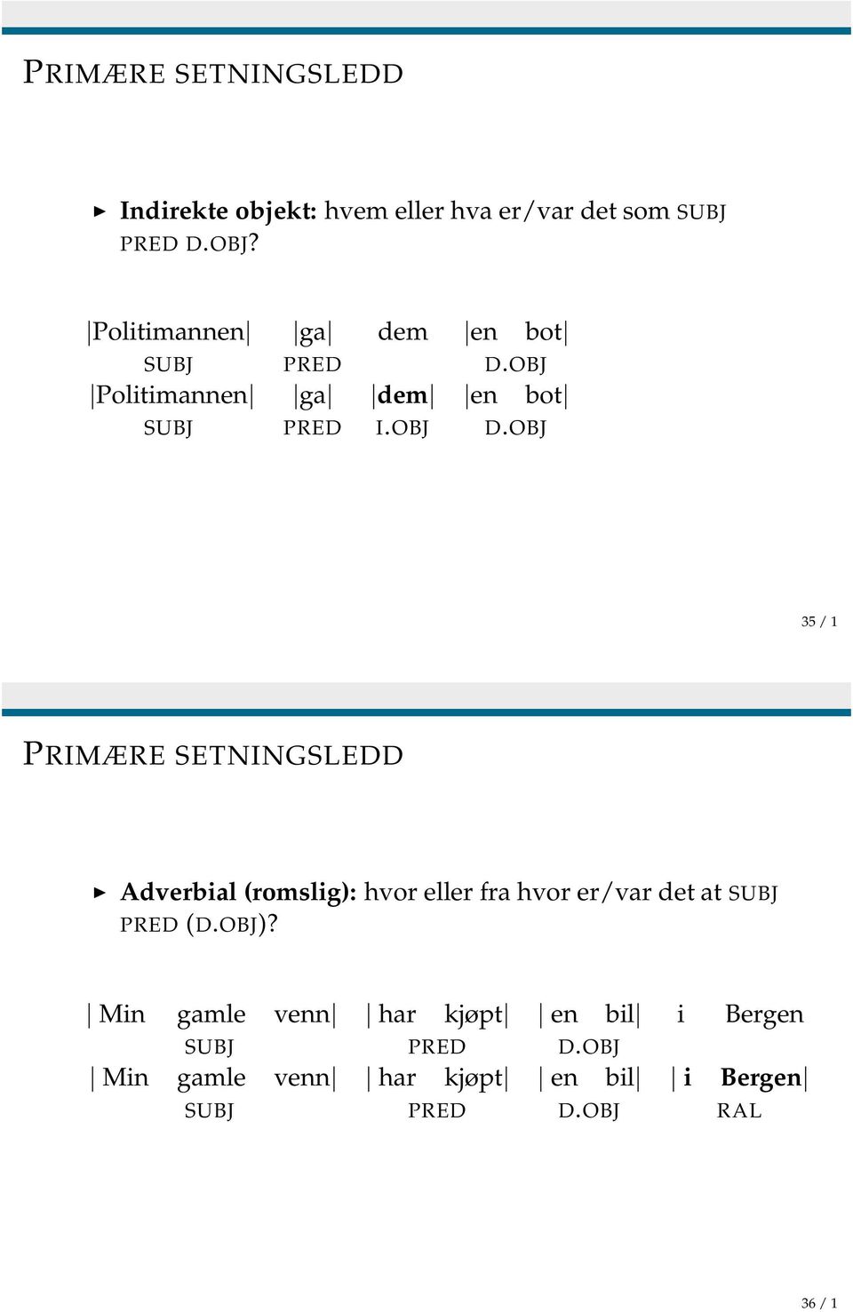 OBJ 35 / 1 PRIMÆRE SETNINGSLEDD Adverbial (romslig): hvor eller fra hvor er/var det at SUBJ PRED (D.