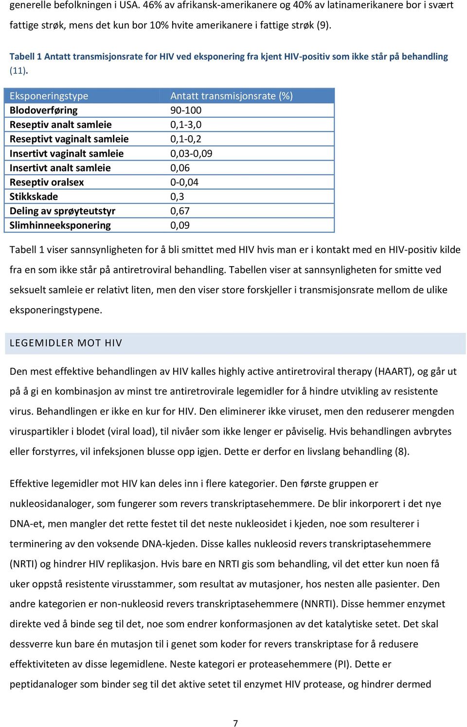 Eksponeringstype Antatt transmisjonsrate (%) Blodoverføring 90-100 Reseptiv analt samleie 0,1-3,0 Reseptivt vaginalt samleie 0,1-0,2 Insertivt vaginalt samleie 0,03-0,09 Insertivt analt samleie 0,06