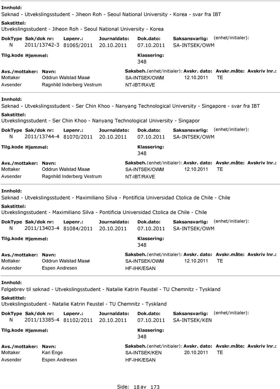 : Mottaker Oddrun Walstad Maaø SA-TSEK/OWM TE Avsender Ragnhild nderberg Vestrum T-BT/RAVE Søknad - Utvekslingsstudent - Ser Chin Khoo - anyang Technological University - Singapore - svar fra BT