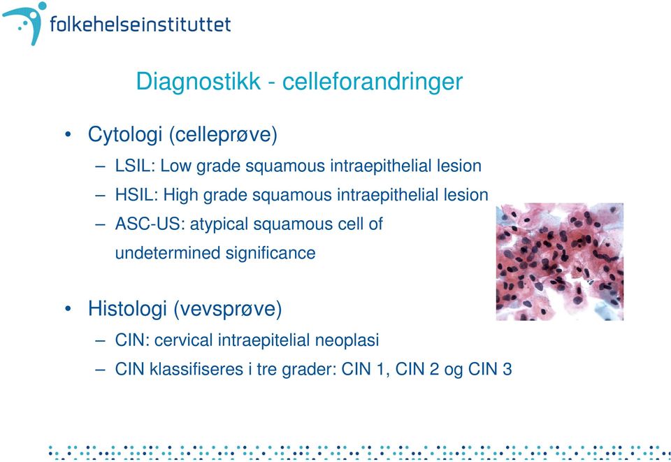 atypical squamous cell of undetermined significance Histologi (vevsprøve) CIN: