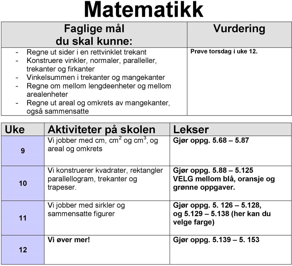 Prøve torsdag i uke 12. Gjør oppg. 5.68 5.87 10 11 Vi konstruerer kvadrater, rektangler parallellogram, trekanter og trapeser.