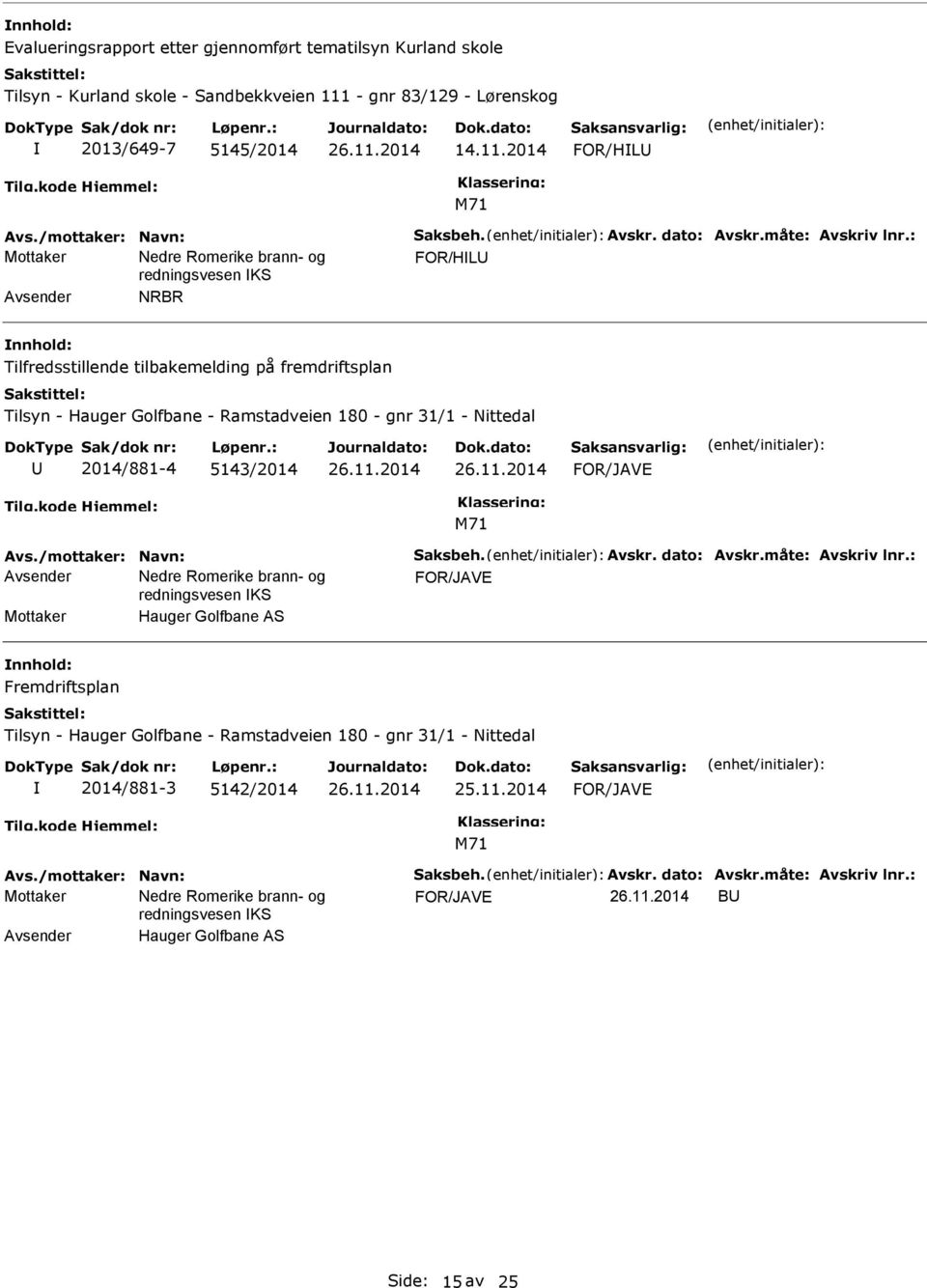 2014 FOR/HL FOR/HL Avsender NRBR Tilfredsstillende tilbakemelding på fremdriftsplan Tilsyn - Hauger Golfbane - Ramstadveien 180 - gnr