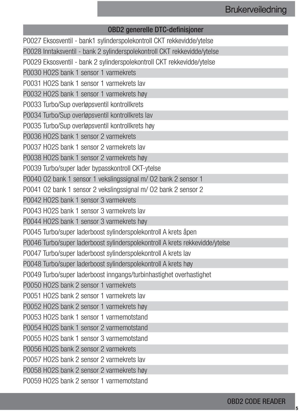 Turbo/Sup overløpsventil kontrollkrets lav P0035 Turbo/Sup overløpsventil kontrollkrets høy P0036 HO2S bank 1 sensor 2 varmekrets P0037 HO2S bank 1 sensor 2 varmekrets lav P0038 HO2S bank 1 sensor 2