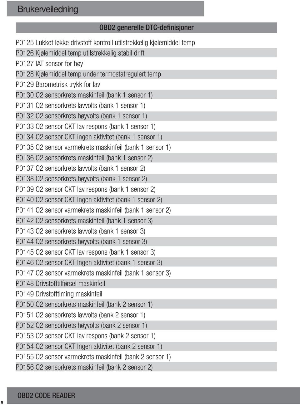 lav respons (bank 1 sensor 1) P0134 O2 sensor CKT ingen aktivitet (bank 1 sensor 1) P0135 O2 sensor varmekrets maskinfeil (bank 1 sensor 1) P0136 O2 sensorkrets maskinfeil (bank 1 sensor 2) P0137 O2