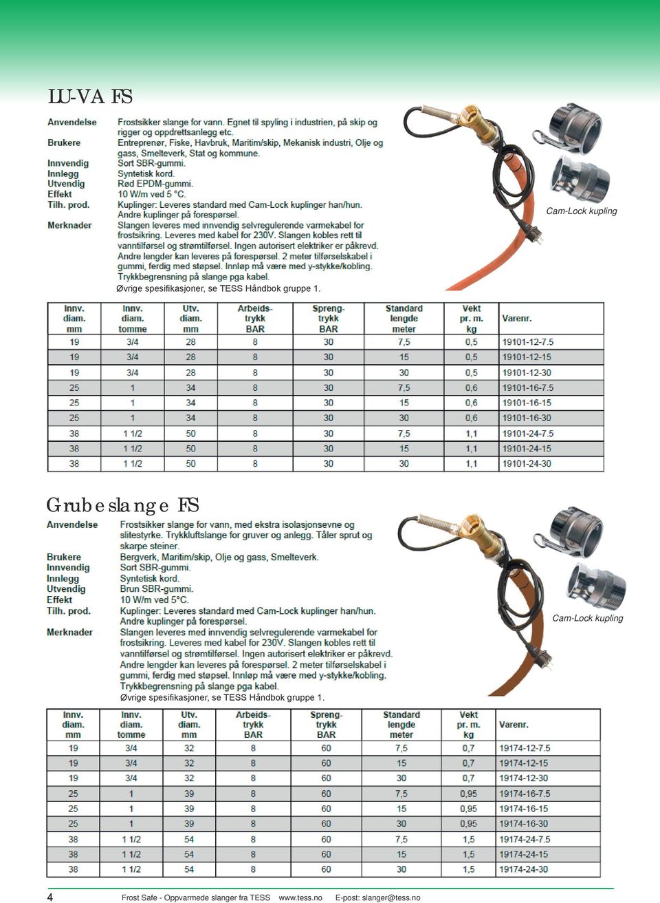 Grubeslange FS Cam-Lock kupling Øvrige spesifikasjoner, se