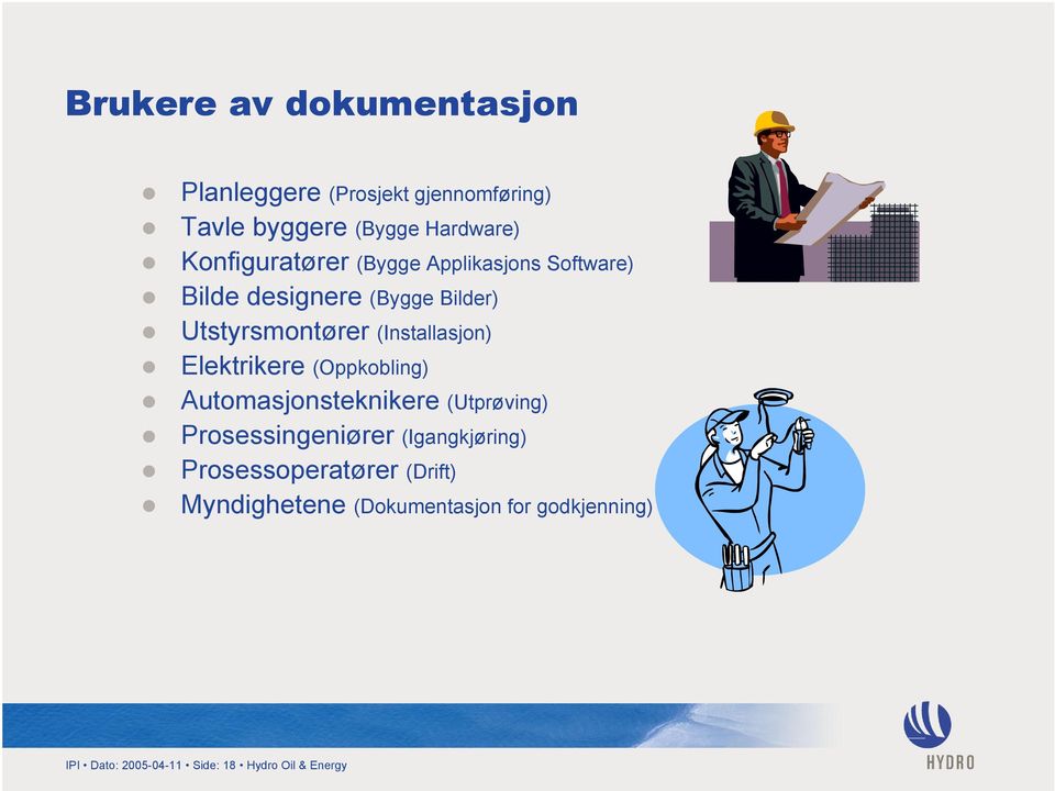 (Installasjon) Elektrikere (Oppkobling) Automasjonsteknikere (Utprøving) Prosessingeniører