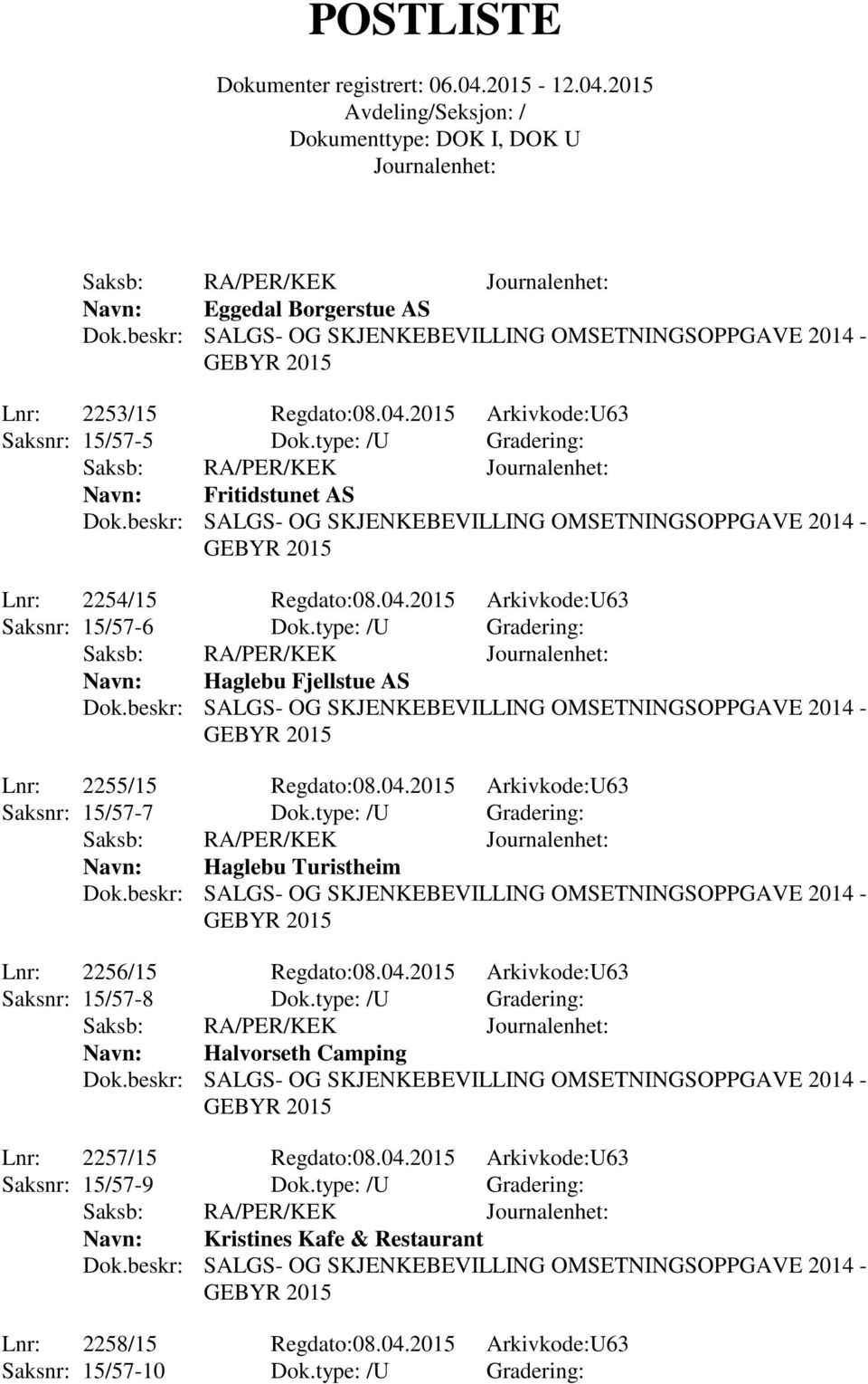 type: /U Gradering: Saksb: RA/PER/KEK Navn: Haglebu Turistheim Lnr: 2256/15 Regdato:08.04.2015 Arkivkode:U63 Saksnr: 15/57-8 Dok.