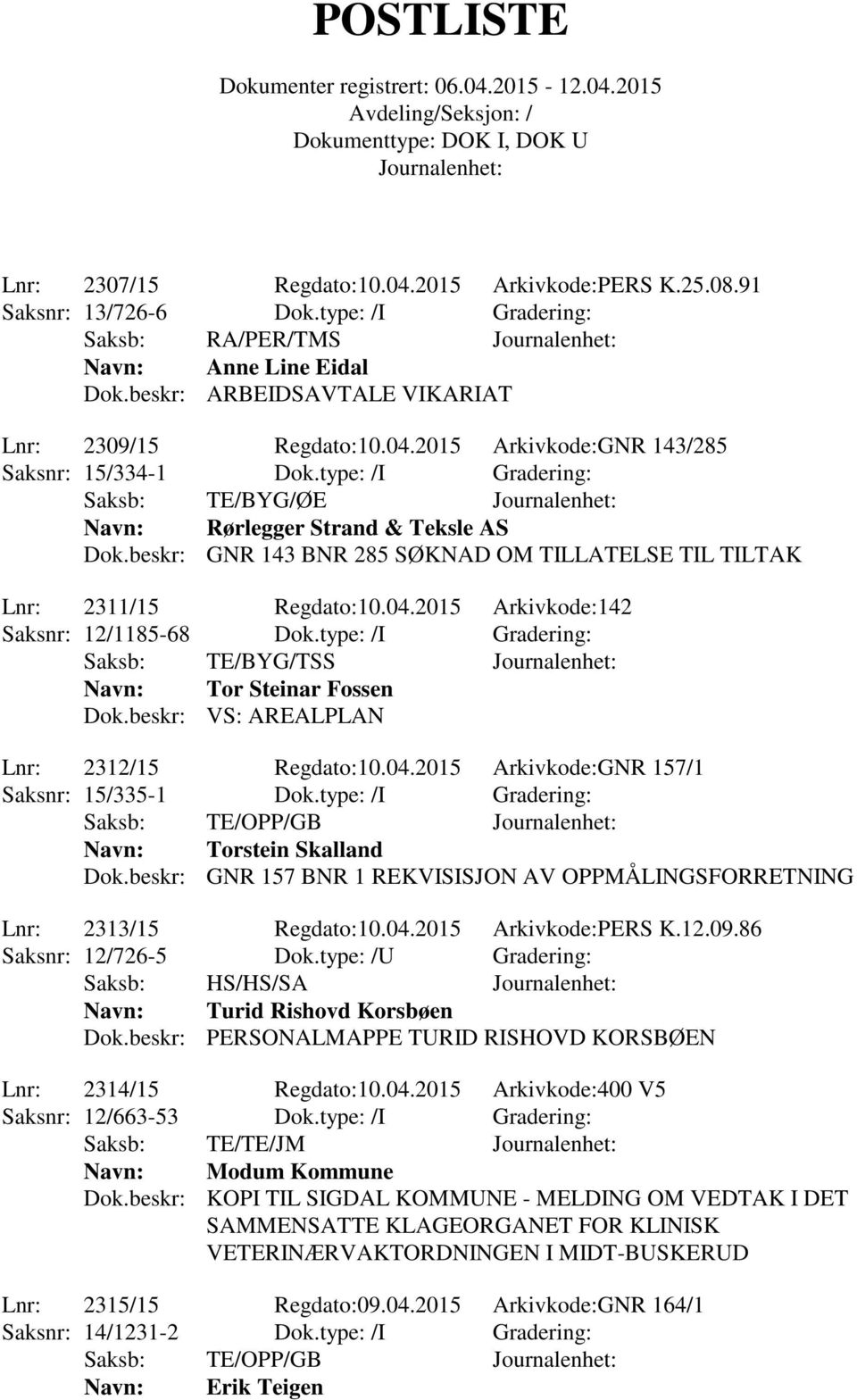 type: /I Gradering: Saksb: TE/BYG/TSS Navn: Tor Steinar Fossen Dok.beskr: VS: AREALPLAN Lnr: 2312/15 Regdato:10.04.2015 Arkivkode:GNR 157/1 Saksnr: 15/335-1 Dok.