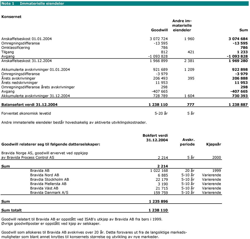 01.2004 921 689 1 209 922 898 Omregningsdifferanse -3 979-3 979 Årets avskrivninger 206 493 395 206 888 Årets nedskrivninger 11 953 11 953 Omregningsdifferanse årets avskrivninger 298 298 Avgang -407