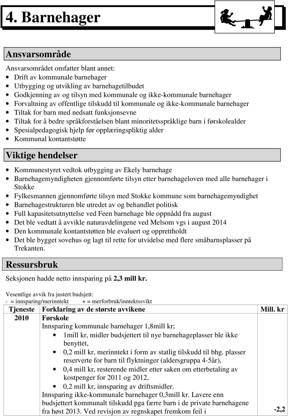 førskolealder Spesialpedagogisk hjelp før opplæringspliktig alder Kommunal kontantstøtte Viktige hendelser Kommunestyret vedtok utbygging av Ekely barnehage Barnehagemyndigheten gjennomførte tilsyn