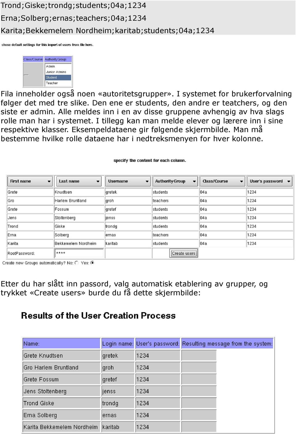 Alle meldes inn i en av disse gruppene avhengig av hva slags rolle man har i systemet. I tillegg kan man melde elever og lærere inn i sine respektive klasser.