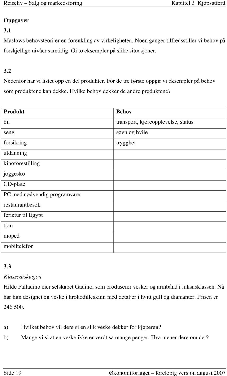 Produkt bil seng forsikring utdanning kinoforestilling joggesko CD-plate PC med nødvendig programvare restaurantbesøk ferietur til Egypt tran moped mobiltelefon Behov transport, kjøreopplevelse,