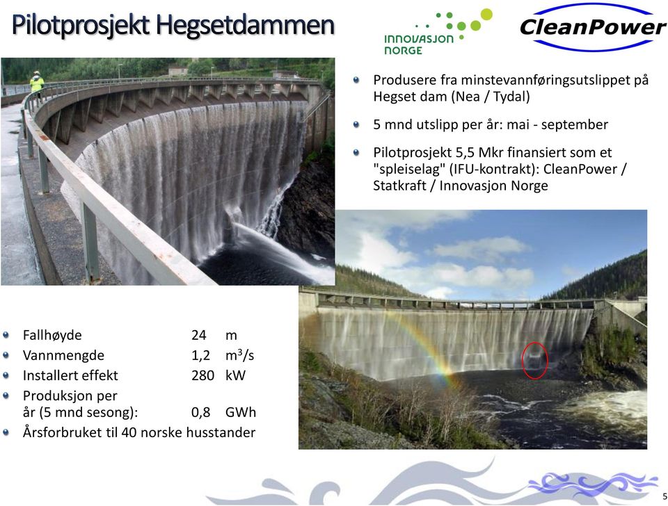 CleanPower / Statkraft / Innovasjon Norge Fallhøyde 24 m Vannmengde 1,2 m 3 /s Installert