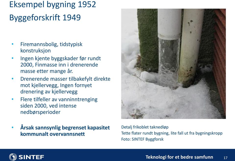 Drenerende masser tilbakefylt direkte mot kjellervegg, Ingen fornyet drenering av kjellervegg Flere tilfeller av