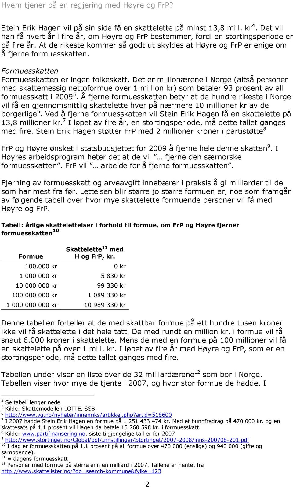 Det er millionærene i Norge (altså personer med skattemessig nettoformue over 1 million kr) som betaler 93 prosent av all formuesskatt i 2009 5.