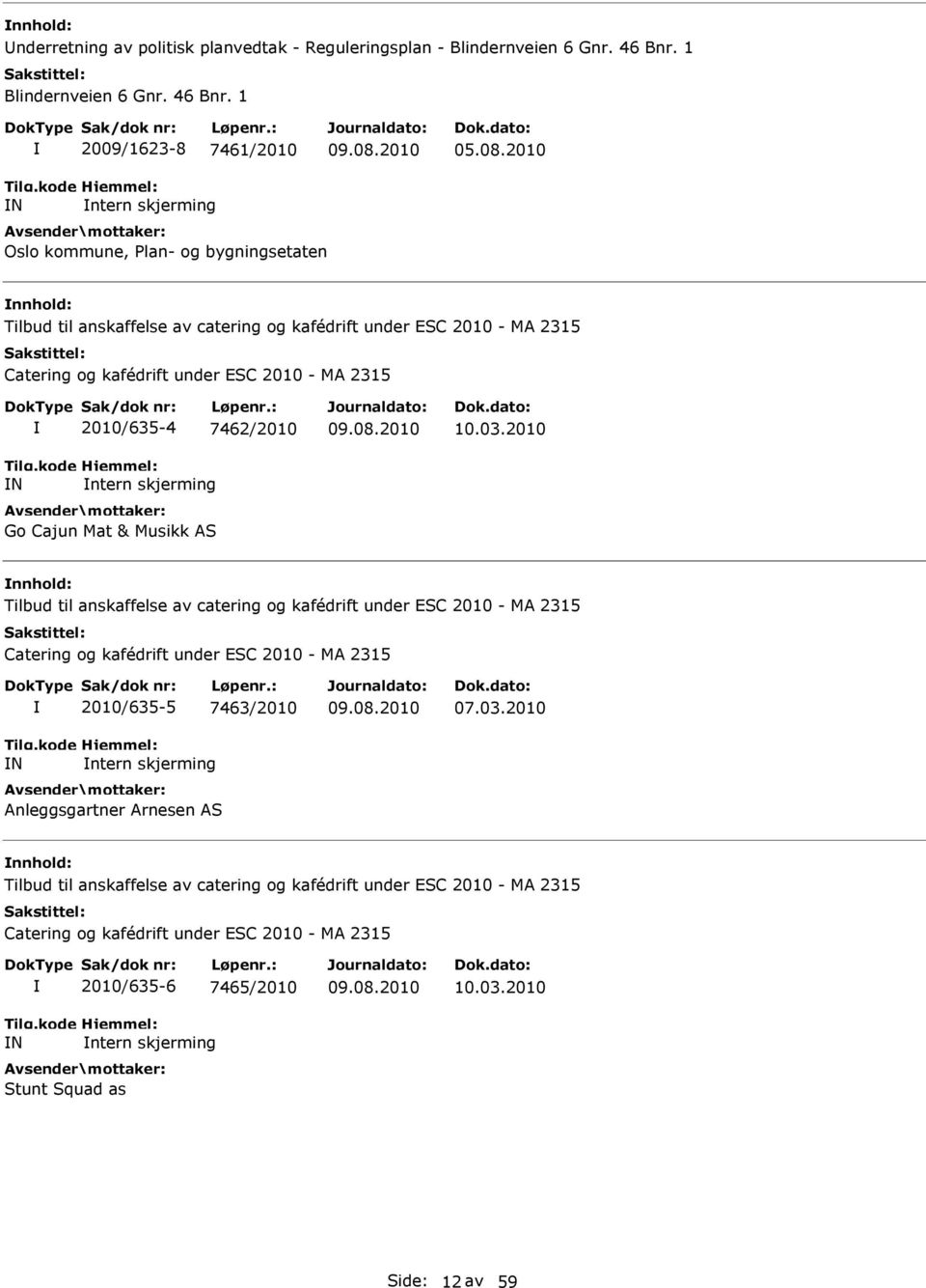 2010 Oslo kommune, Plan- og bygningsetaten Tilbud til anskaffelse av catering og kafédrift under ESC 2010 - MA 2315 Catering og kafédrift under ESC 2010 - MA 2315 2010/635-4 7462/2010 Go