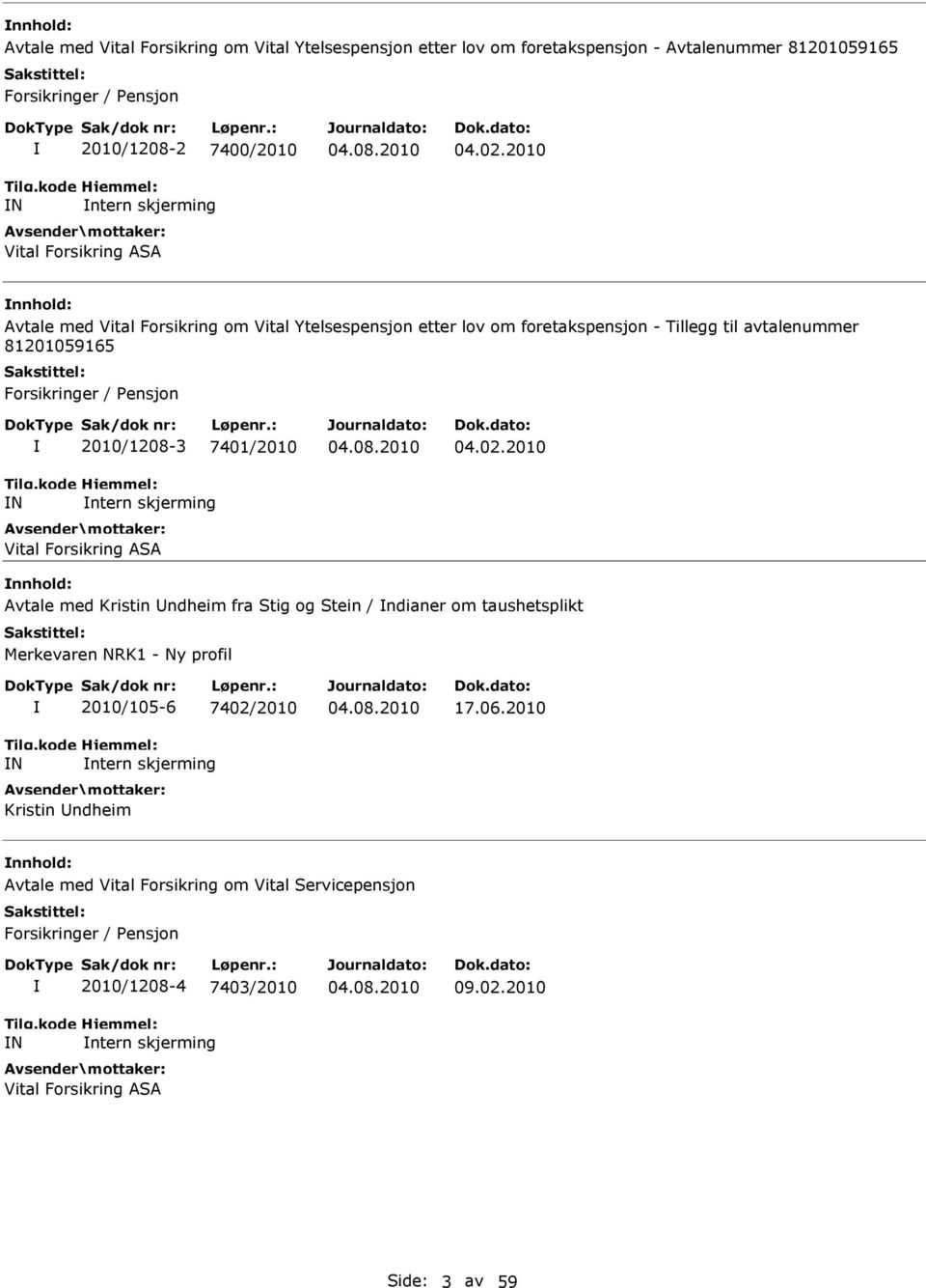 2010 Avtale med Vital Forsikring om Vital Ytelsespensjon etter lov om foretakspensjon - Tillegg til avtalenummer 81201059165 Forsikringer / Pensjon 2010/1208-3 7401/2010 Vital