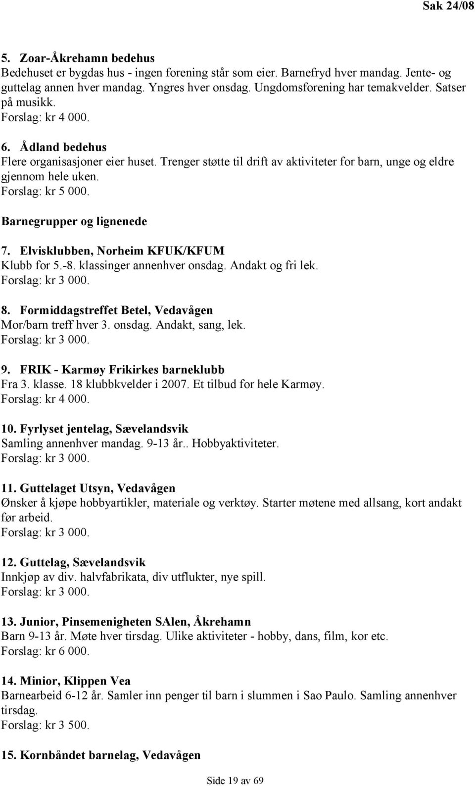 Trenger støtte til drift av aktiviteter for barn, unge og eldre gjennom hele uken. Forslag: kr 5 000. Barnegrupper og lignenede 7. Elvisklubben, Norheim KFUK/KFUM Klubb for 5.-8.