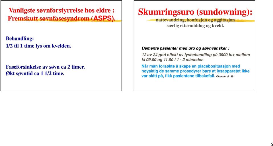 Skumringsuro (sundowning): nattevandring, konfusjon og aggitasjon særlig ettermiddag og kveld.