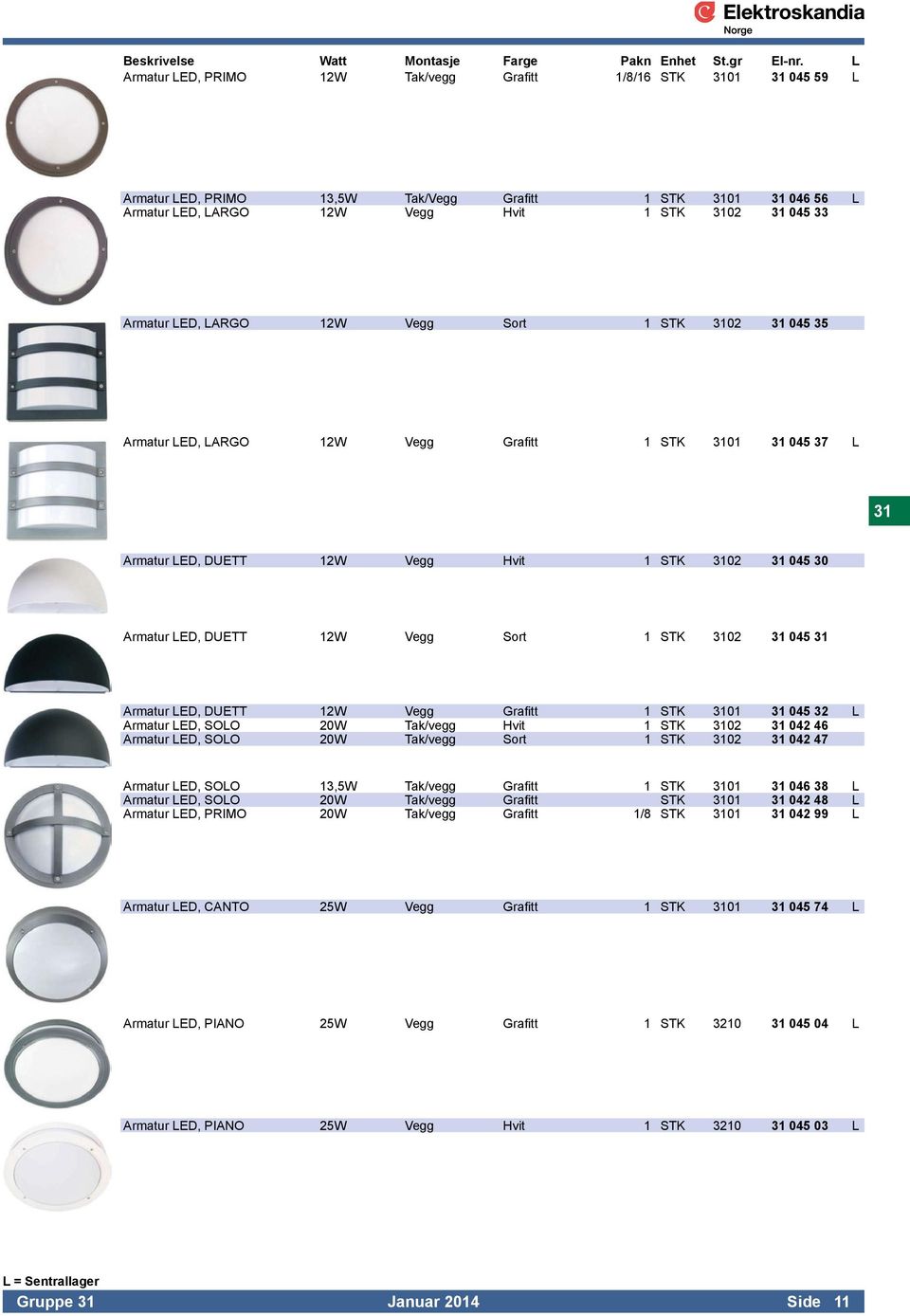 LED, LARGO 12W Vegg Sort 1 STK 3102 31 045 35 Armatur LED, LARGO 12W Vegg Grafitt 1 STK 3101 31 045 37 L 31 Armatur LED, DUETT 12W Vegg Hvit 1 STK 3102 31 045 30 Armatur LED, DUETT 12W Vegg Sort 1