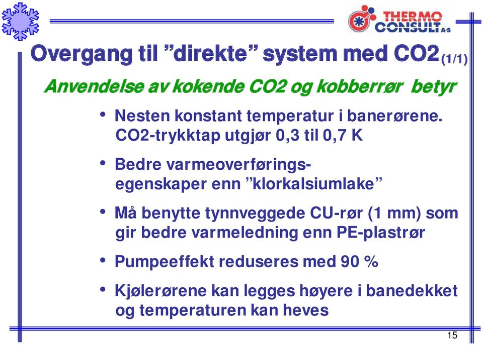 CO2-trykktap utgjør 0,3 til 0,7 K Bedre varmeoverføringsegenskaper enn klorkalsiumlake Må benytte